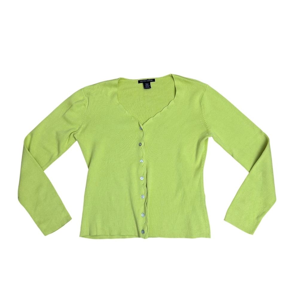 Citrine Yellow Green Scalloped Ribbed Cotton Cardigan Medium Coastal preppy